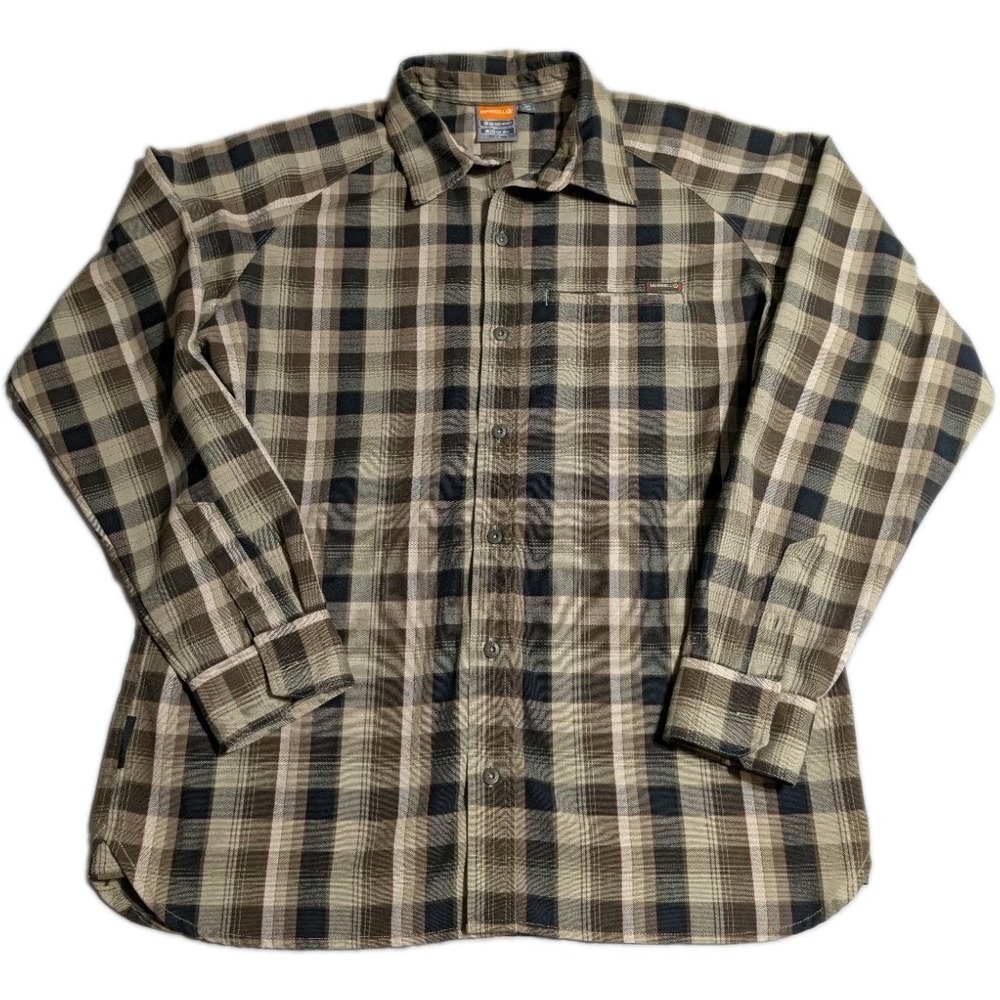 Merrell Opti Wick UPF 30+ Plaid Button Up Hiking Shirt Mens L Gray Outdoor